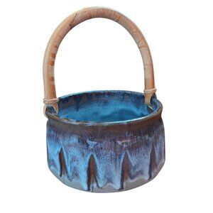 Wizard of Clay Studio Glazed Pottery Basket or Donga with Bamboo Handle